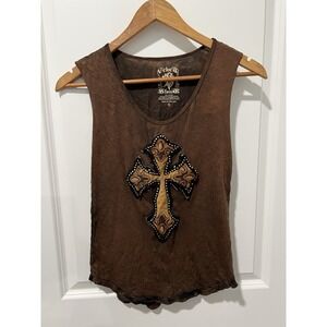 Velvet Stone‎ Women's Sleeveless Top Size Small Brown Washed Cross Logo Y2K